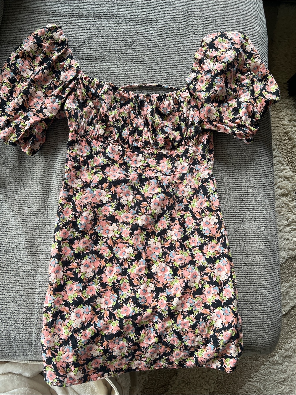 Floral Off-Shoulder Puff Sleeve Mini Dress - Black with Pink Floral